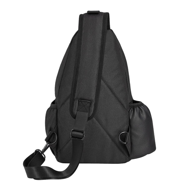 Black sling backpack shown from the back, featuring a padded shoulder strap, adjustable buckle, side pockets, and a detachable shoulder strap on a plain white background.