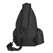 Black sling backpack shown from the back, featuring a padded shoulder strap, adjustable buckle, side pockets, and a detachable shoulder strap on a plain white background.